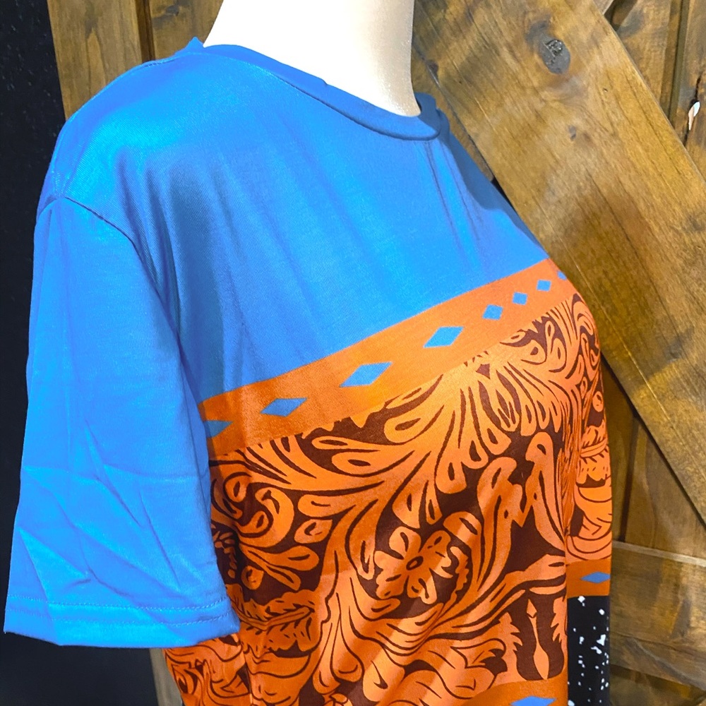 Electric Blue & Tooled Leather Print Splatter Paint Tee - Picture 8 of 13